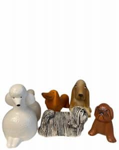 Fem hundar ur Lisa Larsons Kennel: tax, boxer, pudel, skyeterrier och basset