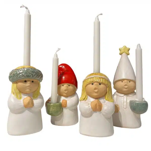 Lisa Larsons Lilla Luciatåget från Rörstrand: lucia, tärna, stjärngosse och tomte som ljushållare
