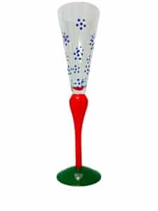 Orrefors Clown – snapsglas Blå Snöflingor röd fot – design Anne Nilsson – vintage