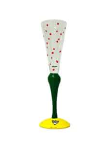 Orrefors Clown – champagneglas i kristall röda prickar med gul fot – design Anne Nilsson – vintage
