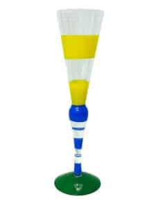Orrefors Clown – champagneglas i kristall, blå Gula Ränder med grön fot – design Anne Nilsson – vintage