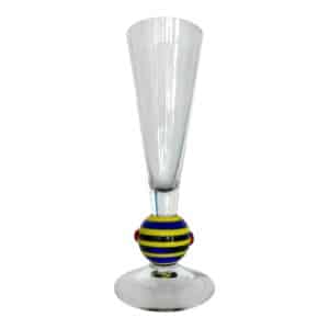 Orrefors Orlando – champagneglas i kristall blå / gul med röd prick – design Erika Lagerbielke – vintage
