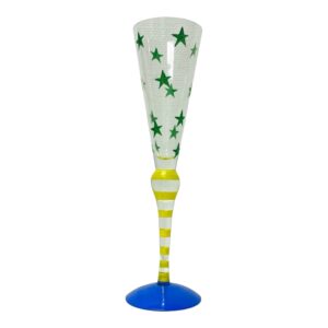 Orrefors Clown – champagneglas i kristall Gröna Stjärnor blå fot – design Anne Nilsson – vintage