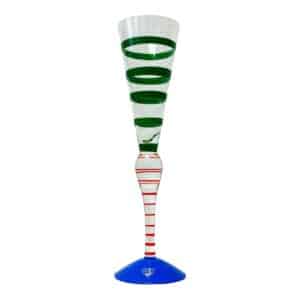Orrefors Clown – champagneglas i kristall gröna ringar med blå fot – design Anne Nilsson – vintage