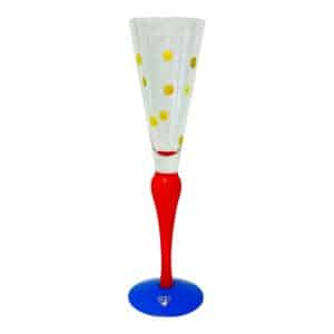 Orrefors Clown – champagneglas i kristall gula prickar med blå fot – design Anne Nilsson – vintage
